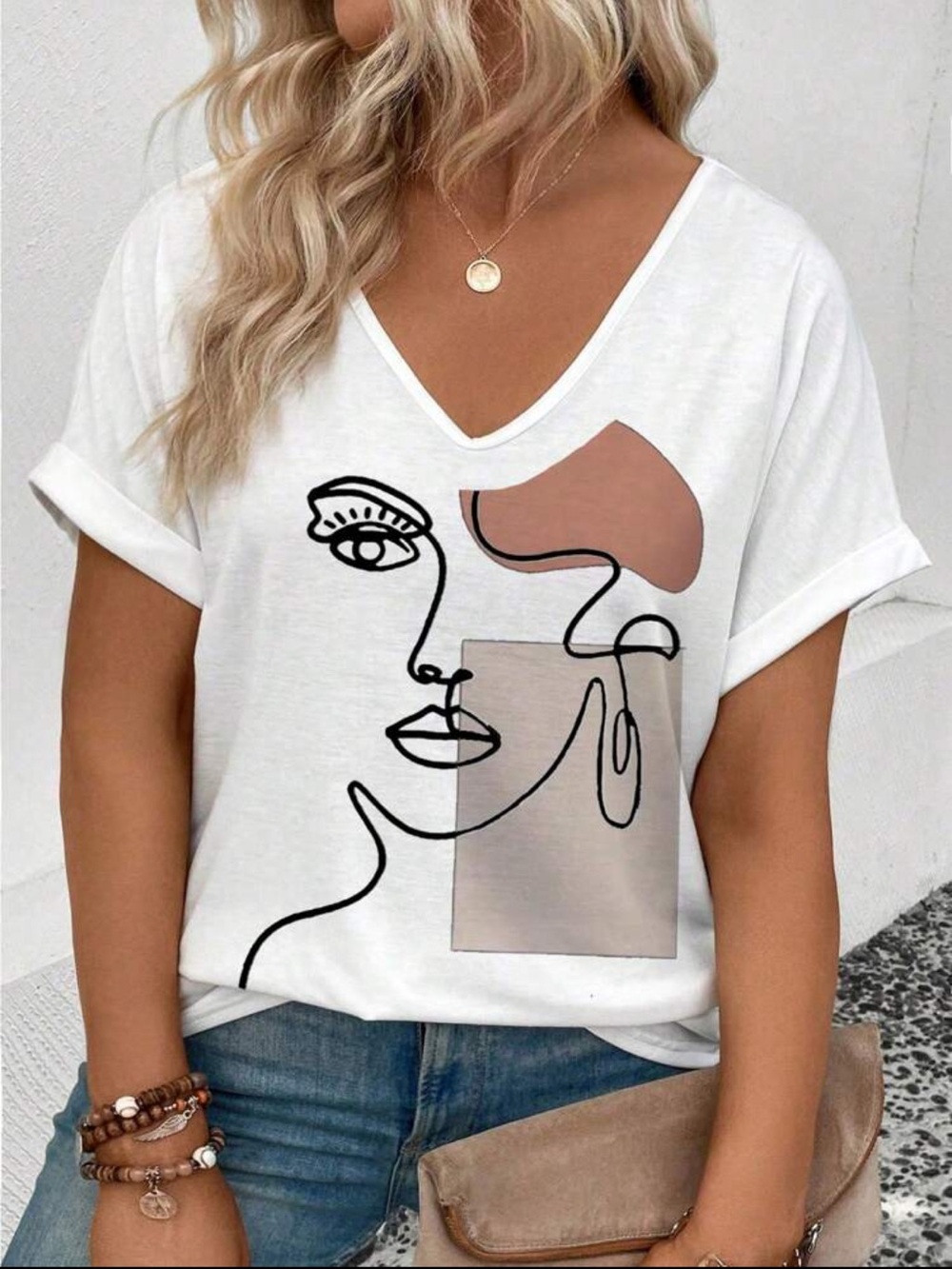 Plus Size Abstract Line Art Face V-Neck Tee T-Shirt Blouse White